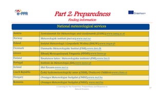 Part 2: Preparedness
Finding information
e-Learning for the Prevention, Preparedness and Response to
Natural Disasters
17
Austria Zentralanstalt für Meteorologie und Geodynamik (ZAMG):www.zamg.ac.at
Norway Meteorologisk institutt (met.no):www.met.no
Poland Instytut Meteorologii i Gospodarki Wodnej (IMGW):www.imgw.pl
Denmark Danmarks Meteorologiske Institut (DMI):www.dmi.dk
Greece Εθνική Μετεωρολογική Υπηρεσία (HNMS):www.hnms.gr
Finland Ilmatieteen laitos / Meteorologiska institutet (FMI):www.fmi.fi
Portugal Instituto de Meteorologia (IM):www.meteo.pt
Ireland Met Éireann:www.met.ie
Czech Republic Český hydrometeorologický ústav (CHMI), Družicové Oddělení:www.chmi.cz
Hungary Országos Meteorológiai Szolgálat (OMSZ):www.met.hu
Romania Országos Meteorológiai Szolgálat (OMSZ): www.met.hu
 