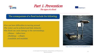Part 1: Prevention
The signs of a flood
e-Learning for the Prevention, Preparedness and Response to
Natural Disasters
57
•You can have difficulties in moving around
•The water can be polluted and hide obstacles
•The flood can cause damage to the surroundings.
oNature – fallen trees
oBuildings – collapse
oLandslide and mudslide
Image courtesy of coward_lionat FreeDigitalPhotos.net
 