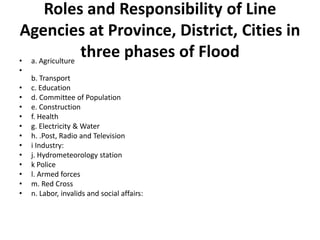 Roles and Responsibility of Line Agencies at Province, District, Cities in three phases of Flooda. Agricultureb. Transportc. Educationd. Committee of Populatione. Constructionf. Healthg. Electricity & Waterh. .Post, Radio and Televisioni Industry:j. Hydrometeorology stationk Policel. Armed forcesm. Red Crossn. Labor, invalids and social affairs: