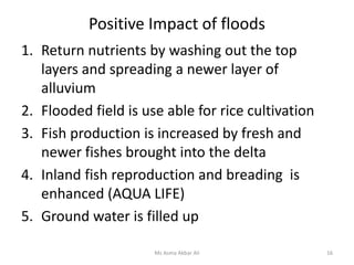 Positive Impact of floods
1. Return nutrients by washing out the top
layers and spreading a newer layer of
alluvium
2. Flooded field is use able for rice cultivation
3. Fish production is increased by fresh and
newer fishes brought into the delta
4. Inland fish reproduction and breading is
enhanced (AQUA LIFE)
5. Ground water is filled up
Ms Asma Akbar Ali 16
 