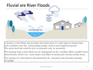 Fluvial are River Floods
A fluvial, or river flood, occurs when the water level in a river, lake or stream rises
and overflows onto the surrounding banks, shores and neighboring land.
The water level rise could be due to excessive rain or snowmelt.
The damage from a river flood can be widespread as the overflow affects smaller rivers
downstream, which can cause dams and dikes to break and swamp nearby areas.
The severity of a river flood is determined by the duration and intensity (volume)
of rainfall
SNOWFALL
NORMAL RIVER
LEVEL
OVERFLOWING WATER
6Ms Asma Akbar Ali
 