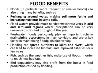 FLOOD BENEFITS
• Floods (in particular more frequent or smaller floods) can
also bring many benefits, such as
• Recharging ground water, making soil more fertile and
increasing nutrients in some soils.
• Flood waters provide much needed water resources in arid
and semi‐arid regions where precipitation can be very
unevenly distributed throughout the year.
• Freshwater floods particularly play an important role in
maintaining ecosystems in river corridors and are a key
factor in maintaining floodplain biodiversity.
• Flooding can spread nutrients to lakes and rivers, which
can lead to increased biomass and improved fisheries for a
few years.
• Fish, such as the weather fish, make use of floods in order
to reach new habitats.
• Bird populations may also profit from the boost in food
production caused by flooding.
28
 