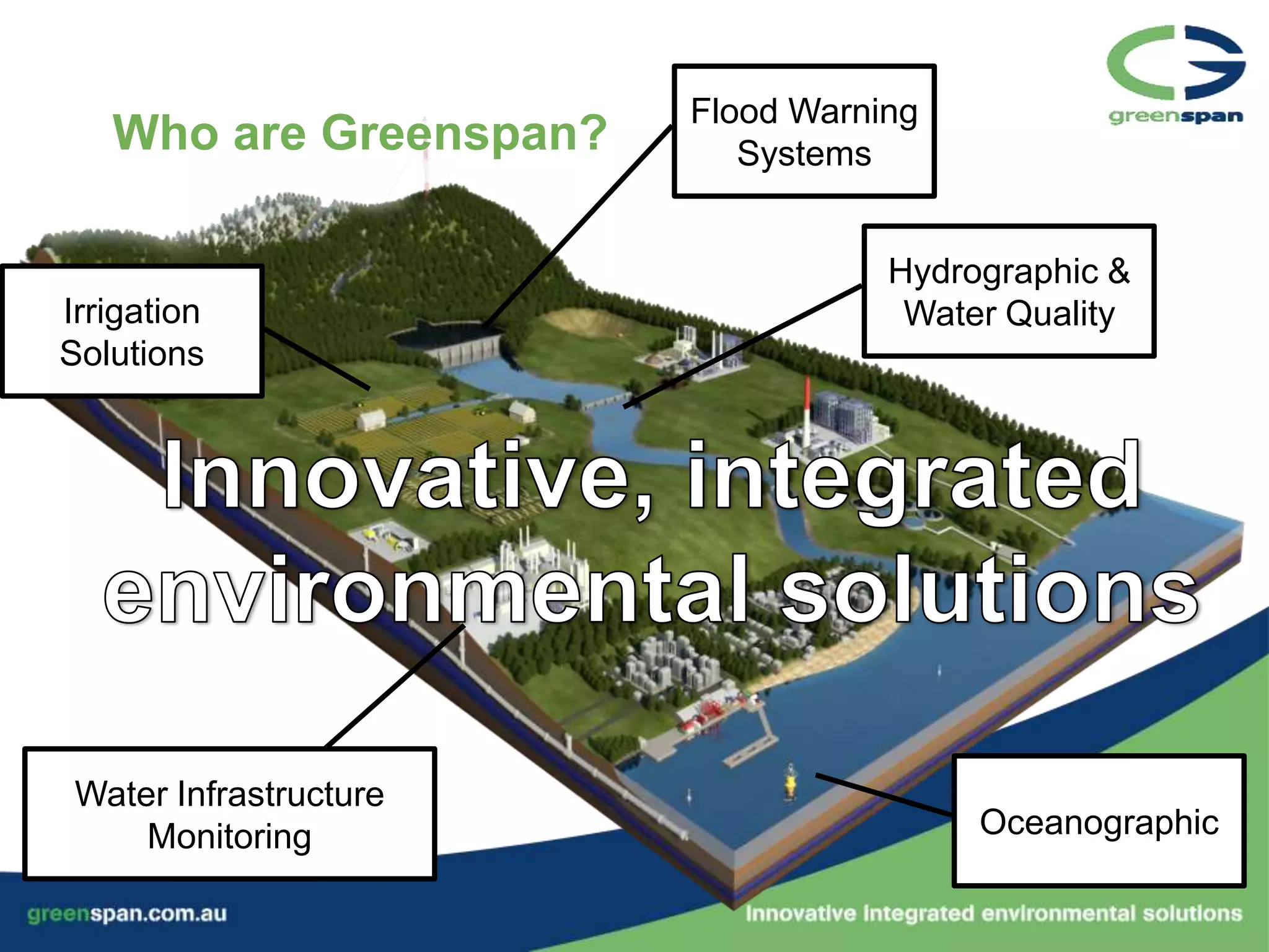 Flood Warning
   Who are Greenspan?      Systems


                                   Hydrographic &
Irrigation                          Water Quality
Solutions




 Water Infrastructure
     Monitoring                         Oceanographic
 