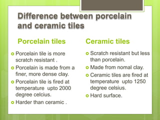 Porcelain tiles
 Porcelain tile is more
scratch resistant .
 Porcelain is made from a
finer, more dense clay.
 Porcelain tile is fired at
temperature upto 2000
degree celcius.
 Harder than ceramic .
Ceramic tiles
 Scratch resistant but less
than porcelain.
 Made from nomal clay.
 Ceramic tiles are fired at
temperature upto 1250
degree celsius.
 Hard surface.
 