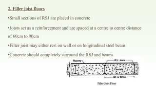 2. Filler joist floors
•Small sections of RSJ are placed in concrete
•Joists act as a reinforcement and are spaced at a centre to centre distance
of 60cm to 90cm
•Filter joist may either rest on wall or on longitudinal steel beam
•Concrete should completely surround the RSJ and beams
 