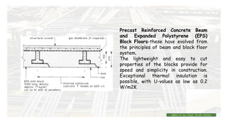 Precast Reinforced Concrete Beam
and Expanded Polystyrene (EPS)
Block Floors-these have evolved from
the principles of beam and block floor
system.
The lightweight and easy to cut
properties of the blocks provide for
speed and simplicity in construction.
Exceptional thermal insulation is
possible, with U-values as low as 0.2
W/m2K
BMC-lll by Inst. Eyob Alene
 