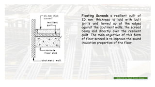 Floating Screeds a resilient quilt of
25 mm thickness is laid with butt
joints and turned up at the edges
against the abutment walls, the screed
being laid directly over the resilient
quilt. The main objective of this form
of floor screed is to improve the sound
insulation properties of the floor.
BMC-lll by Inst. Eyob Alene
 