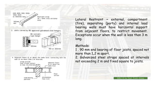 Lateral Restraint ~ external, compartment
(fire), separating (party) and internal load
bearing walls must have horizontal support
from adjacent floors, to restrict movement.
Exceptions occur when the wall is less than 3 m
long.
Methods:
1 . 90 mm end bearing of floor joists, spaced not
more than 1„2 m apart.
2. Galvanized steel straps spaced at intervals
not exceeding 2 m and fixed square to joists.
BMC-lll by Inst. Eyob Alene
 
