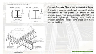A standard manufactured steel beam with similar
applications to the plated UC shown on the
previous page. This purpose-made alternative is
used with lightweight flooring units, such as
precast concrete hollow core slabs and metal
section decking.
Application ~
Precast Concrete Floors --- Asymmetric Beam
BMC-lll by Inst. Eyob Alene
 