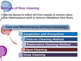 Care and Maintenance of Floor Covering
Inspection and Prevention
Interim Cleaning Method
Restorative Cleaning Method
Spot Cleaning
Deep Cleaning
Methods of floor cleaning
Use tea leaves to collect dirt from carpets & remove odour.
Use diatomaceous earth to remove infestations from floors
 