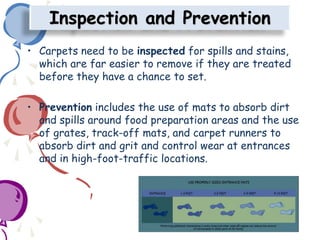 Inspection and Prevention
• Carpets need to be inspected for spills and stains,
which are far easier to remove if they are treated
before they have a chance to set.
• Prevention includes the use of mats to absorb dirt
and spills around food preparation areas and the use
of grates, track-off mats, and carpet runners to
absorb dirt and grit and control wear at entrances
and in high-foot-traffic locations.
 