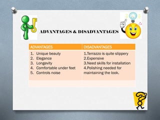 ADVANTAGES & DISADVANTAGES

ADVANTAGES

DISADVANTAGES

1.
2.
3.
4.
5.

1.Terrazzo is quite slippery
2.Expensive
3.Need skills for installation
4.Polishing needed for
maintaining the look.

Unique beauty
Elegance
Longevity
Comfortable under feet
Controls noise

 