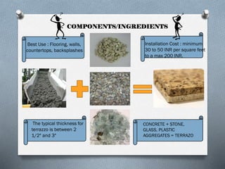 COMPONENTS/INGREDIENTS
Best Use : Flooring, walls,
countertops, backsplashes

The typical thickness for
terrazzo is between 2
1/2" and 3"

Installation Cost : minimum
30 to 50 INR per square feet
to a max 200 INR.

CONCRETE + STONE,
GLASS, PLASTIC
AGGREGATES = TERRAZO

 