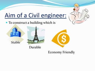 Aim of a Civil engineer:
 To construct a building which is
Stable
Durable
Economy Friendly
 
