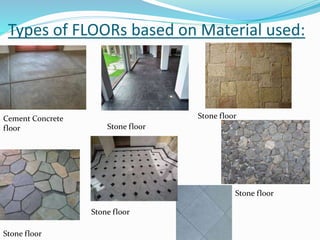 Types of FLOORs based on Material used:
Cement Concrete
floor Stone floor
Stone floor
Stone floor
Stone floor
Stone floor
 