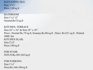 ELEVATION TILE
Size: 1’x2’
Price:130/sq.ft
BATHROOM
Size:1’x1’ 6”
Normal:Rs72/sq.ft
KITCHEN, TERRACE
Size:16” x 16” & Size:18” x 18”.
Price:- Normal Rs.75/sq.ft, Somany:Rs.96/sq.ft ,Nitco: Rs125/ sq.ft , Printed:
3000/ Set
KITCHEN SLAB:
Size:2’x2’
Price:150/sq.ft
FOR STAIR:
NITCO:Rs.205-265/sq.ft
FOR PARKING:
Size:1’x1’
Price:Rs.160-180/sq.ft
 