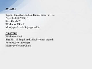 MARBLE
Types:- Rajasthan, Indian, Italian, Godavari, etc.
Price:Rs.140-700Sq.ft
Size:42inch-7ft
Thickness:3/4inch
Mostly preferable:Rajnagar white
GRANITE
Thickness:1inch
Size:6ft-11ft length and 26inch-40inch breadth
Price:Rs.240-1100/sq.ft
Mostly preferable:Chima
 