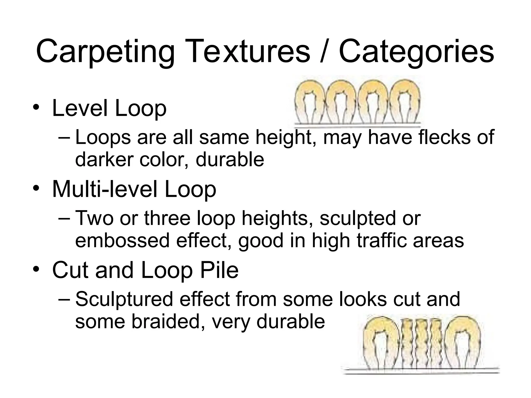 Carpeting Textures / Categories
• Level Loop
– Loops are all same height, may have flecks of
darker color, durable
• Multi-level Loop
– Two or three loop heights, sculpted or
embossed effect, good in high traffic areas
• Cut and Loop Pile
– Sculptured effect from some looks cut and
some braided, very durable
 