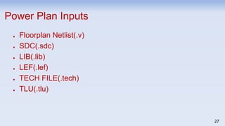 27
Power Plan Inputs
● Floorplan Netlist(.v)
● SDC(.sdc)
● LIB(.lib)
● LEF(.lef)
● TECH FILE(.tech)
● TLU(.tlu)
 