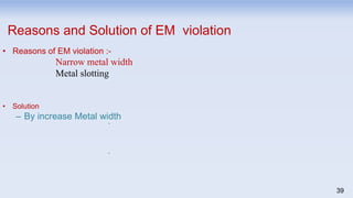 39
Reasons and Solution of EM violation
• Reasons of EM violation :-
Narrow metal width
Metal slotting
• Solution
– By increase Metal width
●
●
 