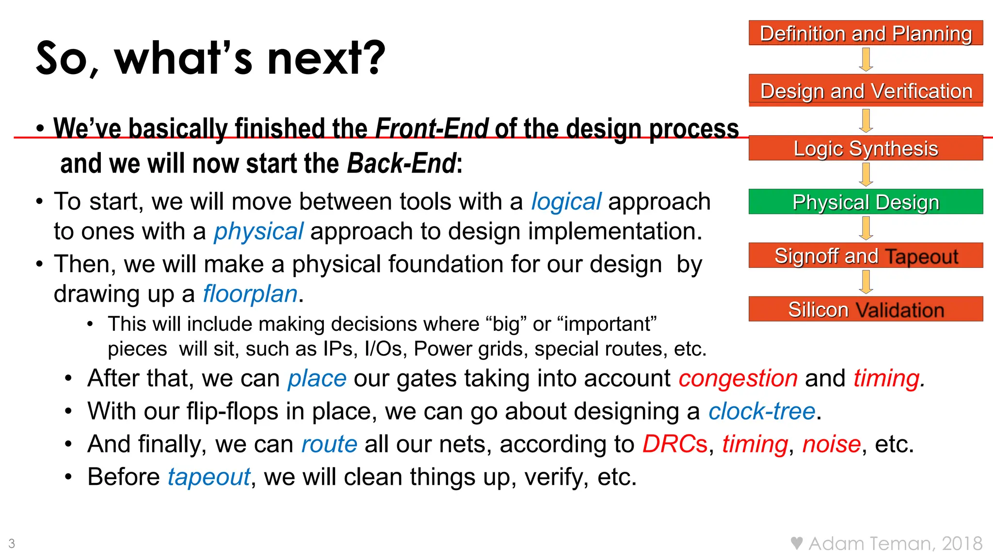 3  Adam Teman, 2018
So, what’s next?
• We’ve basically finished the Front-End of the design process
and we will now start the Back-End:
• To start, we will move between tools with a logical approach
to ones with a physical approach to design implementation.
• Then, we will make a physical foundation for our design by
drawing up a floorplan.
• This will include making decisions where “big” or “important”
pieces will sit, such as IPs, I/Os, Power grids, special routes, etc.
• After that, we can place our gates taking into account congestion and timing.
• With our flip-flops in place, we can go about designing a clock-tree.
• And finally, we can route all our nets, according to DRCs, timing, noise, etc.
• Before tapeout, we will clean things up, verify, etc.
Definition and Planning
Design and Verification
Logic Synthesis
Physical Design
Signoff and
Tapeout
Silicon
Validation
 