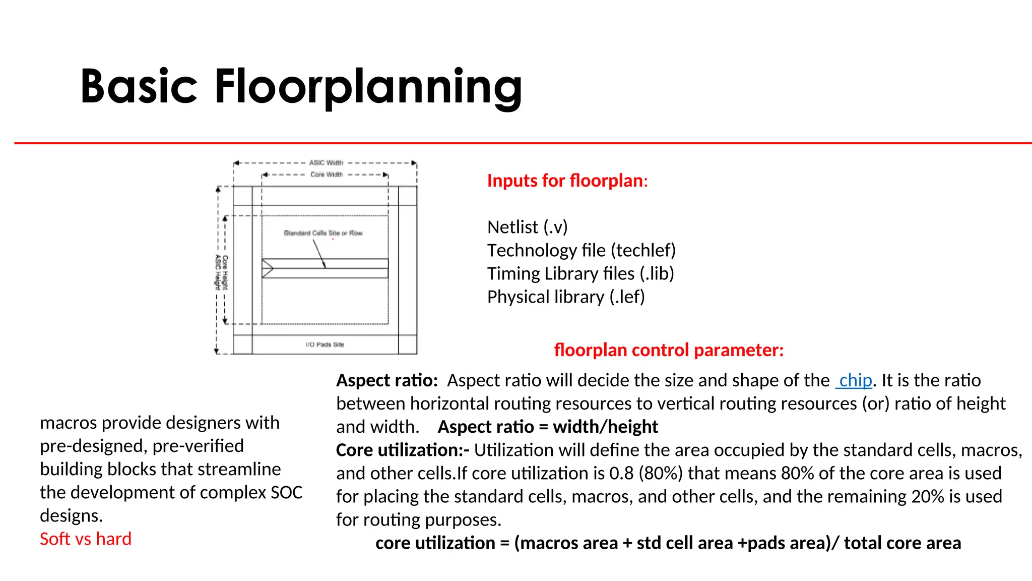 Basic Floorplanning
Inputs for floorplan:
Netlist (.v)
Technology file (techlef)
Timing Library files (.lib)
Physical library (.lef)
floorplan control parameter:
Aspect ratio: Aspect ratio will decide the size and shape of the chip. It is the ratio
between horizontal routing resources to vertical routing resources (or) ratio of height
and width. Aspect ratio = width/height
Core utilization:- Utilization will define the area occupied by the standard cells, macros,
and other cells.If core utilization is 0.8 (80%) that means 80% of the core area is used
for placing the standard cells, macros, and other cells, and the remaining 20% is used
for routing purposes.
core utilization = (macros area + std cell area +pads area)/ total core area
macros provide designers with
pre-designed, pre-verified
building blocks that streamline
the development of complex SOC
designs.
Soft vs hard
 
