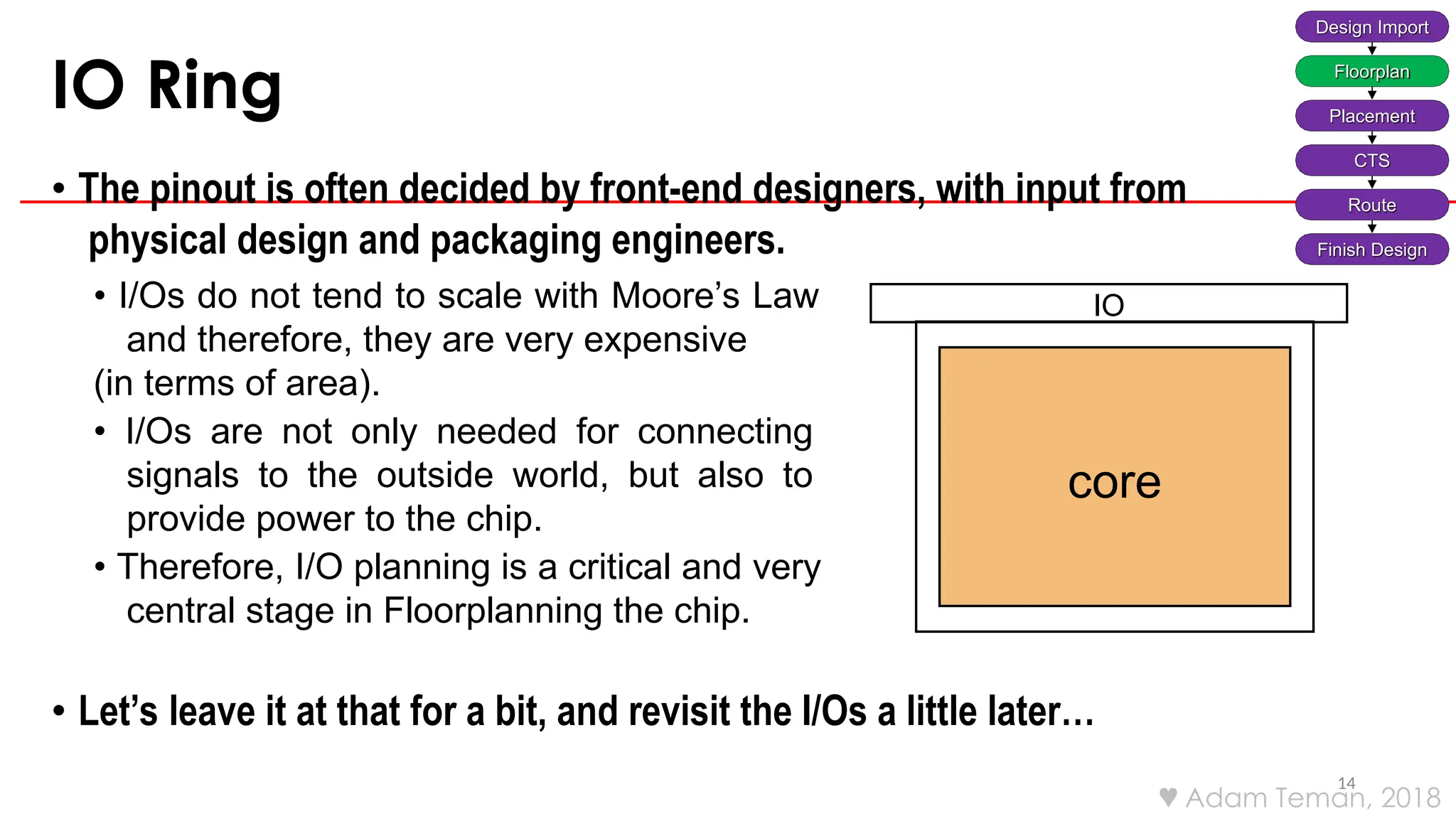 IO Ring
14
• The pinout is often decided by front-end designers, with input from
physical design and packaging engineers.
• I/Os do not tend to scale with Moore’s Law
and therefore, they are very expensive
(in terms of area).
• I/Os are not only needed for connecting
signals to the outside world, but also to
provide power to the chip.
• Therefore, I/O planning is a critical and very
central stage in Floorplanning the chip.
• Let’s leave it at that for a bit, and revisit the I/Os a little later…
core
IO
Design Import
Floorplan
Placement
CTS
Route
Finish Design
 Adam Teman, 2018
 