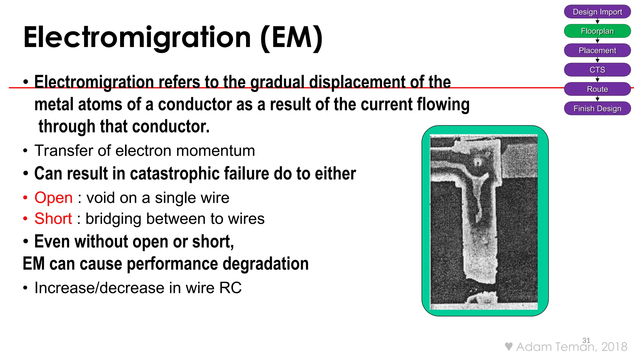 Electromigration (EM)
31
• Electromigration refers to the gradual displacement of the
metal atoms of a conductor as a result of the current flowing
through that conductor.
• Transfer of electron momentum
• Can result in catastrophic failure do to either
• Open : void on a single wire
• Short : bridging between to wires
• Even without open or short,
EM can cause performance degradation
• Increase/decrease in wire RC
Design Import
Floorplan
Placement
CTS
Route
Finish Design
 Adam Teman, 2018
 