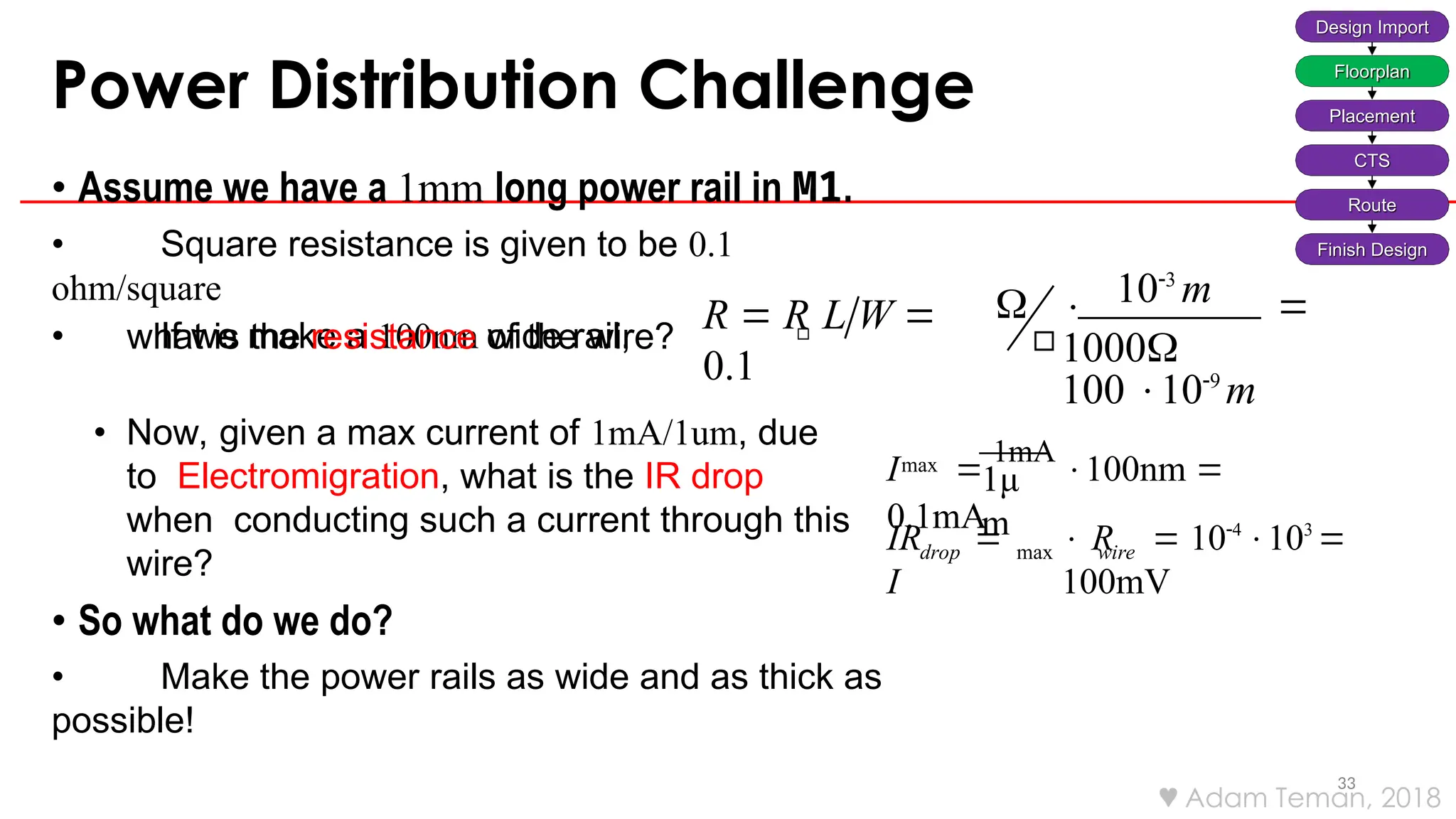 Power Distribution Challenge
33
• Assume we have a 1mm long power rail in M1.
• Square resistance is given to be 0.1
ohm/square
• If we make a 100nm wide rail,
what is the resistance of the wire?
• Now, given a max current of 1mA/1um, due
to Electromigration, what is the IR drop
when conducting such a current through this
wire?
• So what do we do?
• Make the power rails as wide and as thick as
possible!
103
m

R  R L W 
0.1
 
1000
100 109
m
max
max
1μ
m
drop wire
I 
1mA
100nm 
0.1mA
IR 
I
 R  104
103

100mV
Design Import
Floorplan
Placement
CTS
Route
Finish Design
 Adam Teman, 2018
 