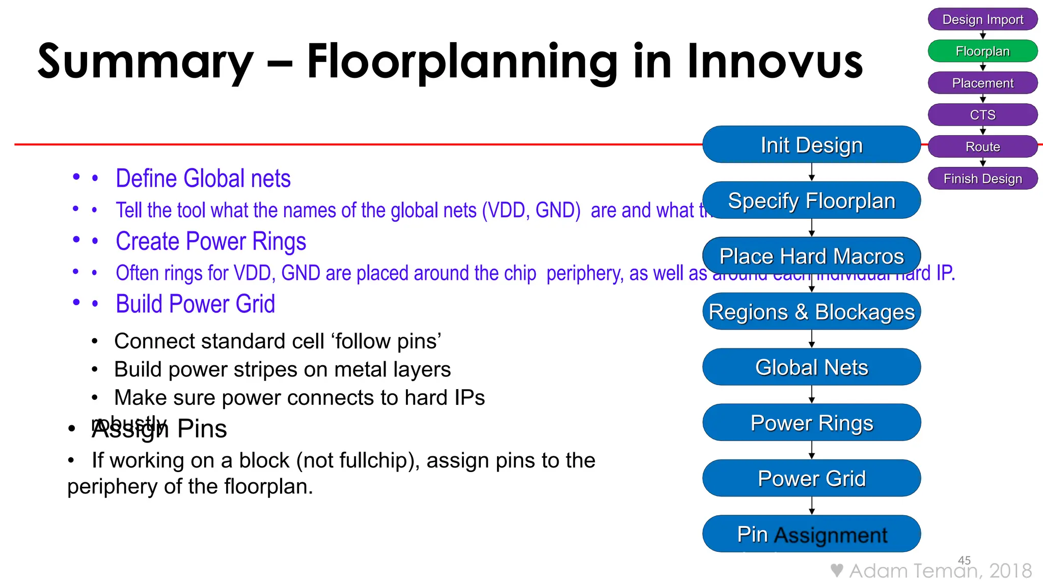 Summary – Floorplanning in Innovus
• • Define Global nets
• • Tell the tool what the names of the global nets (VDD, GND) are and what their names are in the IPs.
• • Create Power Rings
• • Often rings for VDD, GND are placed around the chip periphery, as well as around each individual hard IP.
• • Build Power Grid
45
• Connect standard cell ‘follow pins’
• Build power stripes on metal layers
• Make sure power connects to hard IPs
robustly
• Assign Pins
• If working on a block (not fullchip), assign pins to the
periphery of the floorplan.
Design Import
Floorplan
Placement
CTS
Route
Finish Design
Init Design
Specify Floorplan
Place Hard Macros
Regions & Blockages
Global Nets
Power Rings
Power Grid
Pin
Assignment
 Adam Teman, 2018
 