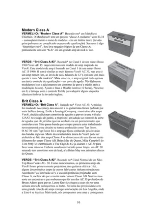 Modern Class A
VERMELHO: “Modern Class A”. Baseado em* um Matchless
Chieftain. O Matchless® tem um projeto “classe A moderno” com EL34
– conseqüentemente o nome do modelo – em um timbre único (devido
principalmente ao complicado esquema de equalização). Seu som é algo
“futurístico-retrô”. Seu leve rasgado é típico de um Classe A;
praticamente um som “hi-ﬁ” em um grande amp de rock n’ roll.

VERDE: “Brit Class A #3”. Baseado* no Canal 1 de um maravilhoso
1960 Vox® AC 15. Aqui está mais um modelo de amp inspirado no
Vox®. Esse modelo de amp é baseado no Canal 1 de um maravilhoso
AC 15 1960. O som é similar ao mais famoso Vox® AC 30, mas esse é
um amp menor (um, ao invés de dois, falantes de 12”) com um som mais
quente e mais “da madeira”. Mais uma vez, o amp original tinha apenas
um único controle de equalização – um corte de agudo. Nós fielmente
modelamos isso e adicionamos um contorno de grave e médio após a
modelação do amp. Ajuste o Bass e Middle neutros (12 horas), Presence
em 0, e brinque com o controle Treble para adquirir alguns daqueles
clássicos timbres da invasão inglesa.

Brit Class A
VERMELHO: “Brit Class A”. Baseado no* Vox® AC 30. A música
foi mudando no começo dos anos 60 e os guitarristas foram pedindo por
mais brilho e twang. Então a Jennings Company, construtora dos amps
Vox®, decidiu adicionar controles de agudos e graves (e uma válvula
12AX7 no estágio de ganho, a propósito) em adição ao controle de corte
de agudos que ele já tinha (que na verdade era um potenciômetro que
controlava um filtro passa-banda que sempre parecia estar trabalhando
reversamente); esse circuito se tornou conhecido como Top Boost.
O AC 30 com Top Boost foi o amp que ficou conhecido pela invasão
das bandas inglesas. Muito da característica única do Vox® pode ser
atribuída ao fato dos amps Classe A se distorcerem de uma forma muito
diferente dos amps Classe AB. Brian May do Queen, Mike Campbell do
Tom Petty’s Heartbreakers e The Edge do U2 já usaram o AC 30 para
fazer suas músicas. Embora usualmente tocado quase limpo, um AC 30
saturado tem um ótimo som de lead, a la Brian May nos primeiros discos
do Queen.
VERDE: “Brit Class A #2”. Baseado no* Canal Normal de um NãoTop Boost Vox® AC- 30. Como mencionamos, os primeiros amps da
Vox® foram primeiramente projetados para guitarra elétrica (Hei,
alguns dos primeiros amps de outros fabricantes tinham entrada para
Acordeom! Vai um baião ai?), e usavam potências projetadas com
Classe A, melhor do que a muito mais comum Classe AB. Nós tivemos
sorte em encontrar o que soubemos que foi um dos AC 30 preferidos do
Bryan Adams para gravar. Lenny Kravitz chegou a usar ele por uma
semana antes de começarmos os testes. Foi uma das preciosidades em
uma grande coleção de amps vintages em locação em Los Angeles, onde
a Line 6 se localiza. Mais tarde, nós compramos esse amp e começamos

10

 