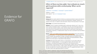 Evidence for
GRAFO
BÖHM H, MATTHIAS H, BRAATZ F, DÖDERLEIN L. EFFECT OF FLOOR REACTION ANKLE-FOOT
ORTHOSIS ON CROUCH GAIT IN PATIENTS WITH CEREBRAL PALSY: WHAT CAN BE EXPECTED?
PROSTHET ORTHOT INT. 2018 JUN;42(3):245-253. DOI: 10.1177/0309364617716240. EPUB 2017
13
 