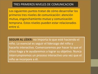 TRES PRIMEROS NIVELES DE COMUNICACION
Los siguientes puntos tratan de cómo desarrollar los
primeros tres niveles de comunicación: atención
mutua, enganchamiento mutuo y comunicación
temprana. Estos niveles pueden estar relacionados
entre sí.
SEGUIR AL LÍDER: no importa lo que esté haciendo el
niño. Lo esencial es seguir el liderazgo del niño y
hacerlo interactivo. Comenzaremos por hacer lo que el
chico haga y le ayudaremos a lograr su objetivo. Nunca
interrumpiremos un proceso interactivo una vez que el
niño se incorpore a él.
 