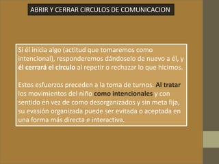 ABRIR Y CERRAR CIRCULOS DE COMUNICACION
Si él inicia algo (actitud que tomaremos como
intencional), responderemos dándoselo de nuevo a él, y
él cerrará el círculo al repetir o rechazar lo que hicimos.
Estos esfuerzos preceden a la toma de turnos. Al tratar
los movimientos del niño como intencionales y con
sentido en vez de como desorganizados y sin meta fija,
su evasión organizada puede ser evitada o aceptada en
una forma más directa e interactiva.
 