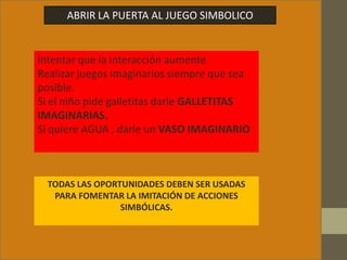 ABRIR LA PUERTA AL JUEGO SIMBOLICO
Intentar que la interacción aumente
Realizar juegos imaginarios siempre que sea
posible.
Si el niño pide galletitas darle GALLETITAS
IMAGINARIAS.
Si quiere AGUA , darle un VASO IMAGINARIO
TODAS LAS OPORTUNIDADES DEBEN SER USADAS
PARA FOMENTAR LA IMITACIÓN DE ACCIONES
SIMBÓLICAS.
 