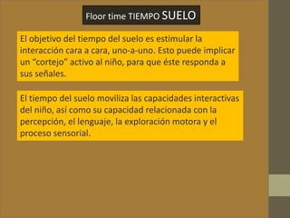 Floor time TIEMPO SUELO
El objetivo del tiempo del suelo es estimular la
interacción cara a cara, uno-a-uno. Esto puede implicar
un “cortejo” activo al niño, para que éste responda a
sus señales.
El tiempo del suelo moviliza las capacidades interactivas
del niño, así como su capacidad relacionada con la
percepción, el lenguaje, la exploración motora y el
proceso sensorial.
 