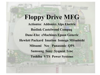 Floppy Drive MFG
     Actiontec Addonics Alps Electric
       Buslink Castelwood Compaq
   Dane-Elec eMachines Epson Generic
Hewlett Packard Imation Iomega Mitsubishi
      Mitsumi Nec Panasonic QPS
       Samsung Sony Syquest Teac
       Toshiba VTS Power Systems
 