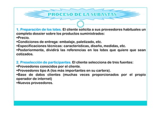 1. Preparación de los lotes. El cliente solicita a sus proveedores habituales un
                      lotes.
completo dossier sobre los productos suministrados:
 Precio.
 Condiciones de entrega: embalaje, paletizado, etc.
 Especificaciones técnicas: características, diseño, medidas, etc.
 Posteriormente, dividirá las referencias en los lotes que quiere que sean
cotizados.

2. Preselección de participantes. El cliente selecciona de tres fuentes:
                   participantes.
 Proveedores conocidos por el cliente.
 Proveedores tipo A (los más importantes en su cartera).
 Base de datos clientes (muchas veces proporcionados por el propio
operador de internet)
 Nuevos proveedores.
 