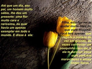 Até que um dia, seu pai, um homem muito sábio, lhe deu um presente: uma flor muito cara e raríssima, da qual havia um apenas exemplar em todo o mundo. E disse à  ela: “ Filha, esta flor vai te ajudar muito mais do que você imagina! Você terá apenas  que regá-la e podá-la de vez em quando, ás vezes conversar um pouquinho com ela, e ela te dará em troca esse perfume maravilhoso e essas lindas flores.” 