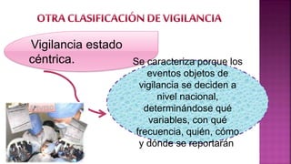 Vigilancia estado
céntrica. Se caracteriza porque los
eventos objetos de
vigilancia se deciden a
nivel nacional,
determinándose qué
variables, con qué
frecuencia, quién, cómo
y dónde se reportarán.
 
