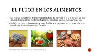  Las fuentes alimentarias de mayor aporte natural de flúor son el té y el pescado de mar 
consumido con espinas. También está presente en carnes, huevos, frutas, cereales, etc. 
 En la leche materna, las concentraciones de flúor son muy poco importantes, aún en el 
caso de que la madre ingiera agua fluorada. 
FUNDACIÓN UNIVERSITARIA AUTÓNOMA DE LAS AMÉRICAS- ATENCIÓN CLINICA II 
 
