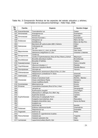 Tabla No. 3 Composición florística de las especies del estrato arbustivo y arbóreo,
             encontradas en la subcuenca Sambingo – Hato Viejo, 2006.

 No.
            Familia                             Especie                             Nombre Vulgar
 Sp
  052   Anacardiaceae    Toxicodendron sp                                        Caspe
  037   Annonaceae       Anaxagorea sp.                                          Guanabano
  108                    Annona sp.                                              Anoncillo
        Annonaceae
  109                    Annona muricata L.                                      Guanabano
  036                    Oreopanax sp                                            Mano de Oso
        Araliaceae
  137                    Scheflera sp.                                           Mano de Oso Frio
  003                    Baccharis aff. pedunculata (Mill.) Cabrera              Chilco
  049   Asteraceae       Critoniopsis sp.                                        NBD
  145                    Sp 145                                                  Romerillo
  014                    Tecoma stans (L.) Juss. ex Kunth                        Palo Santo
        Bignoniaceae
  015                    Delostoma integrifolium D. Don                          Crecedor o teterete
  064                    Cordia sp.
        Boraginaceae
  124                    Cordia cf Cylindrostachya (Ruiz & Pav) Roem y Schult.   Mayorquin
  114                    Brunellia sibundoya Cuatrec.                            Bruneliaceae
        Brunelliaceae
  128                    Brunellia Cf latifolia.                                 Tablero
  018   Caesalpinaceae   Cacia sp.                                               Coco o Amarillo
  047                    Viburnum tinoides L.f.                                  Pelotillo
        Caprifoliaceae
  126                    Viburnum triphyllum Benth.                              Pelotillo Blanco
  040   Cecropiaceae     Cecropia sp                                             Yarumo
  118                    Hedyosmum racemosum (Ruiz & Pav.) G. Don
        Chlorantaceae
  142                    Hedyosmum cumbalense H. Karst.                          Granicillo
  011   Clethraceae      Clethra sp.                                             Cagalero
  042                    Clusia cf venulosa Cuatr.                               Mortiño - Mandur
  113   Clusiaceae       Clusia colombiana Pipoly                                Himpamo
  138                    Clusia multiflora Kanth.                                Mandur
  016   Cunoniaceae      Weinmannia sp.                                          Encino
  029   Ericacea         Cavendishia bracteata (Ruiz & Pav.) Hoer.               Mortiño
  024                    Jatropha sp.                                            Sangregrado
  094                    Erythroxylum haughtii                                   Coco Negro
  008                    Hieronyma cf. oblonga (Tul.) Mull. Arg.                 Chocho
  012                    Euphorbia lactazzi                                      Lechero
  045   Euphorbiaceae    Alchornea cf coelophylla P.& H.                         NBD
  046                    Acalypha macrostachya Jacq.                             Rascadera
  059                    Acalypha diversifolia Jacq.                             Sanca de Rana
  062                    Acalypha sp.
  122                    Alchornea sp.                                           Arenillo
  050                    Erithrina rubrinervia Kunth.                            Chachafruto
        Fabaceae
  103                    Platymiscium sp.                                        Granadillo
  013   Fagaceae         Quercus sp                                              Roble
  073                    Casearia cf. cajambrensis Cuatrec.
  088   Flacourtiaceae   Casearia sp.                                            Trapiche
  104                    Casearia sylvestris Sw.                                 Vilan
  017   Lamiaceae        Lepechinia bullata (Kanth.) Epl.                        Salvia


                                                                                                29
 
