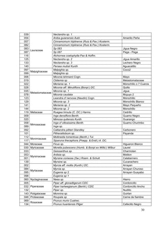 039                   Nectandra sp. 1
054                   Aniba guianensis Aubl.                               Amarillo Peña
057                   Cinnamomum triplinerve (Ruiz & Pav.) Kosterm.
082                   Cinnamomum triplinerve (Ruiz & Pav.) Kosterm.
083                   Sp 083                                               Jigua Negro
      Lauraceae
087                   Sp 087                                               Pega - Pega
116                   Alchornea coelophylla Pax & Hoffm.
125                   Nectandra sp. 2                                      Jigua Amarillo
133                   Nectandra sp. 3                                      Lechero Negro
140                   Persea mutisii Kunth                                 Aguacatillo
097                   Malpighia sp.                                        Coco2
      Malpighiaceae
099                   Malpighia sp.
006                   Miconia lehmanii Cogn.                               Mayo
019                   Clidemia sp                                          Melastomataceae
022                   Meriania sp. 1                                       Morochillo o 7 Cueros
028                   Miconia aff. Minutiflora (Bonpl.) DC.                Quillo
035                   Miconia sp. 1                                        Jigua
      Melastomataceae
078                   Miconia caudata                                      Mujuyo 2
123                   Leandra cf nervosa (Naudin) Cogn.                    Morochillo
129                   Miconia sp. 3                                        Morochillo Blanco
141                   Meriania sp. 2                                       Mayo Pequeño
144                   Miconia sp. 2                                        Morochillo
119   Meliaceae       Ruagea hirsuta (C. DC.) Harms                        Cedrillo
009                   Inga densiflora Benth.                               Guamo Negro
020                   Mimosa quitensis Kunth                               Guarango
058                   Inga cf villosissima Benth.                          Guamo Churimbo
      Mimosaceae
089                   Inga sp.
092                   Calliandra pittieri Standley                         Carbonero
101                   Pithecellobium sp.                                   Payande
112                   Mollinedia tomentosa (Benth.) Tul.
      Monimiaceae
117                   Siparuna thecaphora (Poepp. & Endl.) A. DC.
044   Moraceae        Ficus sp.                                            Higueron Blanco
030   Myricaceae      Morella pubescens (Humb. & Bonpl ex Willd.) Wilbur   Laurel
033                   Geissanthus sp.                                      Charmolan
053                   Ardisia sp.                                          Motilon
      Myrsinaceae
001                   Myrsine coriacea (Sw.) Roem. & Schult.               Calabernero
139                   Myrsine sp.                                          Cucarachero
002                   Myrcia aff. mollis (Kunth.) DC.                      Arrayan
084                   Myrcia sp.                                           Arrayan Churoso
      Myrtaceae
095                   Eugenia sp 2.                                        Arrayan Guayabo
098                   Eugenia sp 1
060   Nyctaginaceae   Neea sp.                                             Hierro
005                   Piper aff. glonadligerum CDC                         Cordoncillo
032   Piperaceae      Piper hartwegianum (Benht.) CDC                      Cordoncillo Ancho
132                   Piper sp.                                            Nudillo
143   Poligalaceae    Monnina sp.                                          Guirlan
048   Proteaceae      Roupala sp                                           Carne de fiambre
069                   Prunus muris Cuatrec.
      Rosaceae
134                   Prunus huantensis Pilger                             Cafecillo Negro

                                                                                            30
 