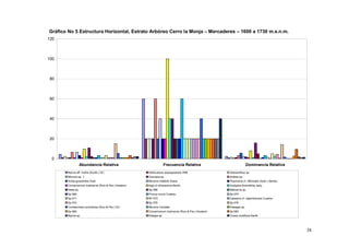 Gráfico No 5 Estructura Horizontal, Estrato Arbóreo Cerro la Monja – Mercaderes – 1600 a 1730 m.s.n.m.
120



100



80



60



40



20



 0
                  Abundancia Relativa                                Frecuencia Relativa                              Dominancia Relativa
       Myrcia aff. mollis (Kunth.) DC.                 Heliocarpus popayanensis HBK                    Geissanthus sp.
       Miconia sp. 1                                   Cecropia sp                                     Ardisia sp.
       Aniba guianensis Aubl.                          Miconia notabilis triana                        Psychotria cf. officinalis (Aubl.) Sandw.
       Cinnamomum triplinerve (Ruiz & Pav.) Kosterm.   Inga cf villosissima Benth.                     Acalypha diversifolia Jacq.
       Neea sp.                                        Sp 066                                          Meliosma sp.
       Sp 068                                          Prunus muris Cuatrec.                           Sp 070
       Sp 071                                          SP 072                                          Casearia cf. cajambrensis Cuatrec.
       Sp 074                                          Sp 075                                          Sp 076
       Condaminea corymbosa (Ruiz & Pav.) DC.          Miconia Caudata                                 Elaeagia sp.
       Sp 080                                          Cinnamomum triplinerve (Ruiz & Pav.) Kosterm.   Sp 083
       Myrcia sp.                                      Elaegia sp.                                     Clusia multiflora Kanth.




                                                                                                                                                   38
 