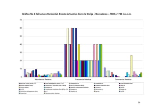 Gráfico No 6 Estructura Horizontal, Estrato Arbustivo Cerro la Monja – Mercaderes – 1600 a 1730 m.s.n.m.

70



60



50



40



30



20



10



 0
                            Abundancia Relativa                                             Frecuencia Relativa                                     Dominancia Relativa

Myrcia aff. mollis (Kunth.) DC.        Piper hartwegianum (Benht.) CDC             Geissanthus sp.                    Oreopanax sp                        Aniba guianensis Aubl.
Miconia notabilis triana               Psychotria cf. officinalis (Aubl.) Sandw.   Inga cf villosissima Benth.        Acalypha diversifolia Jacq.         Neea sp.
Corozo oleifera                        Acalypha sp.                                Aegiphila cuatrecasasii Moldenke   Cordia sp.                          Sp 065
Sp 070                                 Condaminea corymbosa (Ruiz & Pav.) DC.      Elaeagia sp.                       Palicourea sp.                      Elaegia sp.
Psychotria carthagenensis Jacq.        sp 1                                        Casearia sp.                       Inga sp.                            Sp 090
Pouteria sp.                           Calliandra pittieri Standley




                                                                                                                                                                                   39
 