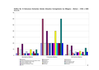Gráfico No 12 Estructura Horizontal, Estrato Arbustivo Corregimiento los Milagros – Bolívar – 3100 a 3300
 m.s.n.m.
70




60




50




40




30




20




10




0
             Abundancia Relativa                                         Frecuencia Relativa                  Dominancia Relativa

          Saurauia sp.                                           Weinmannia sp.                Palicourea sp 3
          Cordia cf cylindrostachya (Ruiz & Pav) Roem y Schult   Saurauia sp.                  Palicourea sp 2
          Cinchona cf pitayensis (wedd.) wedd                    Nectandra sp 2                Prunus huantensis Pilger
          Gordonia humboldtii H. Keng                            Scheflera sp.                 Clusia multiflora Kunth.
          Hedyosmum cumbalense H. Karst.                         Monnina sp.                   Miconia sp 2
          Sp 146
                                                                                                                                    45
 