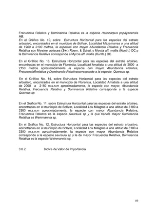 Frecuencia Relativa y Dominancia Relativa es la especie Heliocarpus popayanensis
HB.
En el Gráfico No. 10, sobre Estructura Horizontal para las especies del estrato
arbustivo, encontradas en el municipio de Bolívar, Localidad Mazamorras a una altitud
de 1900 a 2100 metros, la especies con mayor Abundancia Relativa y Frecuencia
Relativa son Myrsine coriacea (Sw.) Roem. & Schult y Myrcia aff. mollis (Kunth.) DC.y
la Dominancia Relativa corresponde a Myrcia aff. mollis (Kunth.) DC.

En el Gráfico No. 13, Estructura Horizontal para las especies del estrato arbóreo,
encontradas en el municipio de Florencia, Localidad Amatista a una altitud de 2000 a
2150 metros aproximadamente la especie con mayor Abundancia Relativa,
FrecuenciaRrelativa y Dominancia Relativacorresponde a la especie Quercus sp.

En el Gráfico No. 14, sobre Estructura Horizontal para las especies del estrato
arbustivo, encontradas en el municipio de Florencia, Localidad Amatista a una altitud
de 2000 a 2150 m.s.n.m aproximadamente, la especie con mayor, Abundancia
Relativa, Frecuencia Relativa y Dominancia Relativa corresponde a la especie
Quercus sp


En el Gráfico No. 11, sobre Estructura Horizontal para las especies del estrato arbóreo,
encontradas en el municipio de Bolívar, Localidad Los Milagros a una altitud de 3100 a
3300 m.s.n.m aproximadamente, la especie con mayor Abundancia Relativa,
Frecuencia Relativa es la especie Saurauia sp y la que tienela mayor Dominancia
Relativa es Weinmannia sp.

En el Gráfico No. 12, Estructura Horizontal para las especies del estrato arbustivo,
encontradas en el municipio de Bolívar, Localidad Los Milagros a una altitud de 3100 a
3300 m.s.n.m aproximadamente, la especie con mayor Abundancia Relativa
corresponde a la especie saurauia sp y la de mayor Frecuencia Relativa, Dominancia
Relativa es la especie Weinmannia sp.


3.6.2             Indice de Valor de Importancia




                                                                                     49
 