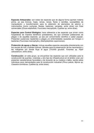 Especies Artesanales: son todas las especies que de alguna forma aportan materia
prima, ya sea troncos, hojas, ramas, raíces, flores o semillas, susceptibles de
manipulación y transformación para la obtención de elementos de adorno o
instrumentos (como cucharas, flautas, bastones, canastas, entre otras) con fines
comerciales (Clusia eliptisifolia, Fourcraea macrophylla, Cyathea sp, entre otras).

Especies para Control Biológico: hace referencia a las especies que sirven como
hospederas de insectos benéficos (predadores), los que controlan poblaciones de
plagas o de aquellas especies, ya sea por conocimiento científico o saber popular.
Presentan sustancias repelentes a plagas y/o enfermedades causadas por hongos o
bacterias (Fourcraea macrophylla y Stachytarpheta cayennensis).

Protección de aguas y riberas: incluye aquellas especies asociadas directamente con
los cauces de ríos y fuentes hídricas, idóneas para la preservación de los nacimientos y
las márgenes por donde fluye el agua (Trichilia goudotii, Faramea sp, Piper
calceolarium, entre otras).

Construcción: en este grupo, se encuentran las especies que son utilizadas para la
construcción de puentes, viviendas u otro tipo de infraestructura en el ámbito rural, por
presentar características favorables y de duración de su madera o tallos, siendo estos
individuos poco demandados para la construcción industrial (Pinus patula, Myrcia sp,
Casearia corimbosa, Cyathea sp, entre otras).




                                                                                      61
 