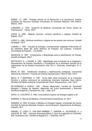KREBS, J.C. 1985. Ecología estudio de la distribución y la abundancia. Instituto
Ecológico de Recursos Animales Universidad de Columbia Británica. Edit HARLA,
México, 750 P.

LONDOÑO, A., 1974. Anatomía de Maderas. Universidad del Tolima, oficina de
Publicaciones”. Tolima, 159 P.

LOPEZ, G. 1988.     Malezas comunes, nombres científicos y vulgares. Santafé de
Bogotá. 132 P.

LOPEZ, G. 1988. Nombres científicos y vulgares de las plantas más comunes. Santafé
de Bogotá. 135 P.

LOZANO, L. 1997. Facultad de Ecología, Levantamientos Vegetales Preliminares en
las diferentes áreas del Jardín Botánico de Popayán, (sin publicar), Fundación
Universitaria de Popayán – Los Robles.

MAHECHA, G. 1997. Fundamentos y Metodología para la Identificación de Plantas.
Santafé de Bogotá. 285 P.

MATTEUCCI, S., y COLMA, A. 1982. Metodología para el Estudio de la Vegetación.
Departamento de Asuntos Científicos y Tecnológicos de la Secretaría General de la
organización de los Estados Americanos. Edit, Eva V. Chesneau; Washington, D. C.
170 P.

MEJIA, M. 1983. Clasificación climáticas y clasificaciones ecológicas, Universidad
Nacional de Colombia – Facultas de Ciencias Agropecuarias. Palmira Valle. 325 P.

MELO, O. Y MARTÍNEZ, H. 1997. Curso taller sobre evaluación de la diversidad
florística y análisis estructural de ecosistemas boscosos tropicales. Bajo Calima.
Ministerio del Medio Ambiente Universidad del Tolima. Buenaventura – Cali 125 P.

MITTERMEIER & GOECH. 1992. Plantas Medicinales. Tomado de: Diversidad
Biológica y Dialogo de Saberes, (Memorias del Curso Biodiversidad y Recursos
Genéticos Indígenas y Campesinos). Cali – Valle. 36 P.

ORTIZ, G. y SOLARTE, A. 1995. Curso práctico superior de Ecología vegetal, p 40.

RAMIREZ, A. Manual de Métodos y Procedimientos Estadísticos. S.f. 66 P.

RAMIREZ, B. 1995. Principios y Métodos en Ecología Vegetal. Universidad del Cauca,
Facultad de Ciencias Naturales, Exactas y de la Educación, Departamento de Biología.
Popayán, 36 P.

RANGEL, O., LOWY, P., VAN DER HAMMEN, T., GARZON, A., VELÁZQUEZ, A., y
AGUILAR, M. 1997. Colombia Diversidad Biótica II, tipos de vegetación en Colombia.
Edit, Guadalupe Ltda. Santafé de Bogotá D.C. – Colombia, 436. P.
                                                                                   72
 