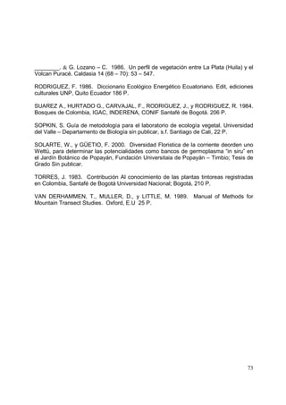________. & G. Lozano – C. 1986. Un perfil de vegetación entre La Plata (Huila) y el
Volcan Puracé. Caldasia 14 (68 – 70): 53 – 547.

RODRIGUEZ, F. 1986. Diccionario Ecológico Energético Ecuatoriano. Edit, ediciones
culturales UNP, Quito Ecuador 186 P.

SUAREZ A., HURTADO G., CARVAJAL, F., RODRIGUEZ, J., y RODRIGUEZ, R. 1984.
Bosques de Colombia, IGAC, INDERENA, CONIF Santafé de Bogotá. 206 P.

SOPKIN, S. Guía de metodología para el laboratorio de ecología vegetal. Universidad
del Valle – Departamento de Biología sin publicar, s.f. Santiago de Cali, 22 P.

SOLARTE, W., y GÜETIO, F. 2000. Diversidad Floristica de la corriente deorden uno
Wettü, para determinar las potencialidades como bancos de germoplasma “in siru” en
el Jardín Botánico de Popayán, Fundación Universitaia de Popayán – Timbio; Tesis de
Grado Sin publicar.

TORRES, J. 1983. Contribución Al conocimiento de las plantas tintoreas registradas
en Colombia, Santafé de Bogotá Universidad Nacional; Bogotá, 210 P.

VAN DERHAMMEN, T., MULLER, D., y LITTLE, M. 1989. Manual of Methods for
Mountain Transect Studies. Oxford, E.U 25 P.




                                                                                 73
 